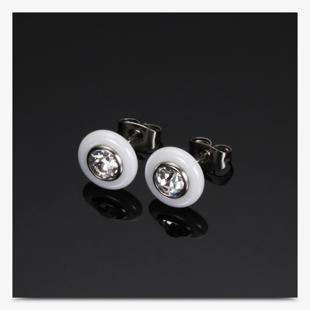 NEW White Solitaire Diamond Ceramic Stud Earrings - Picture 2 of 8